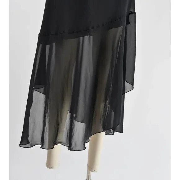 Vintage 90s Black Sheer Bias Cut Asymmetrical Chiffon Lace Maxi Slip Dress M